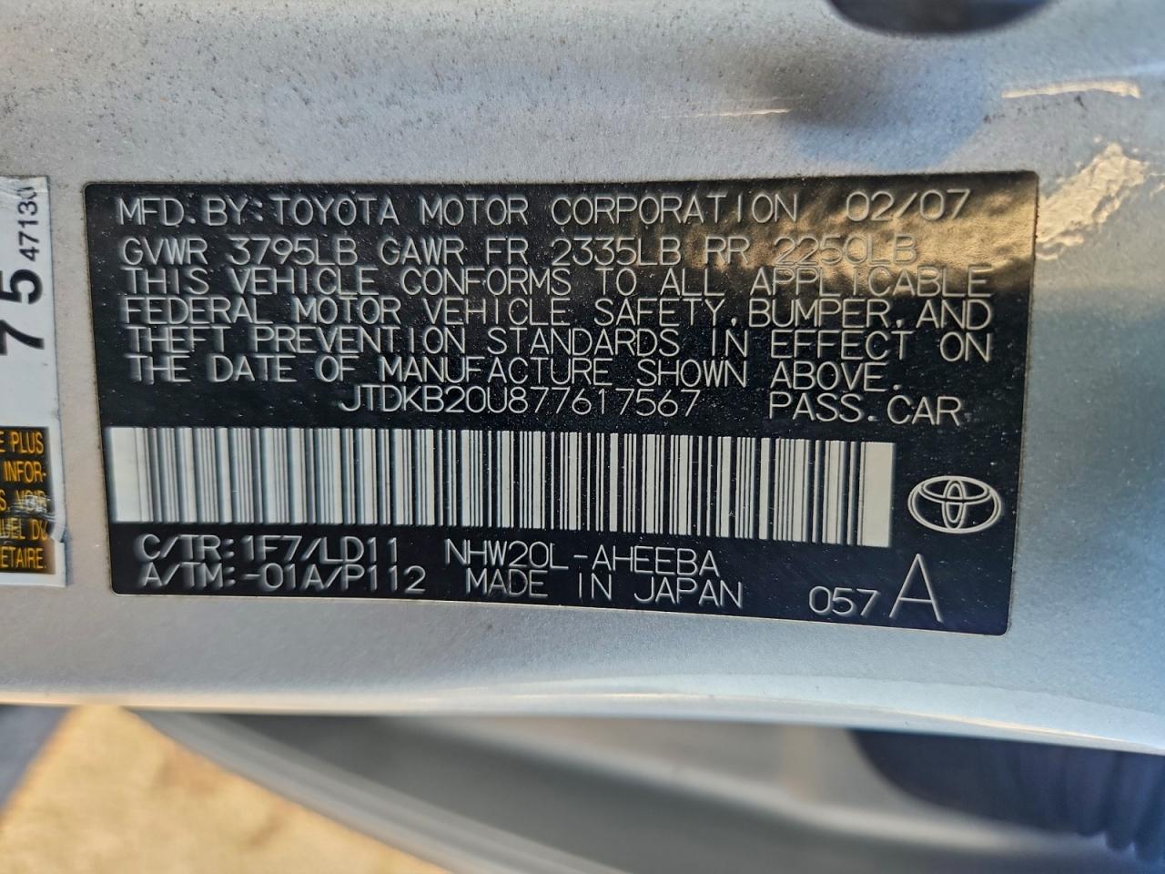 2007 TOYOTA PRIUS photo 12