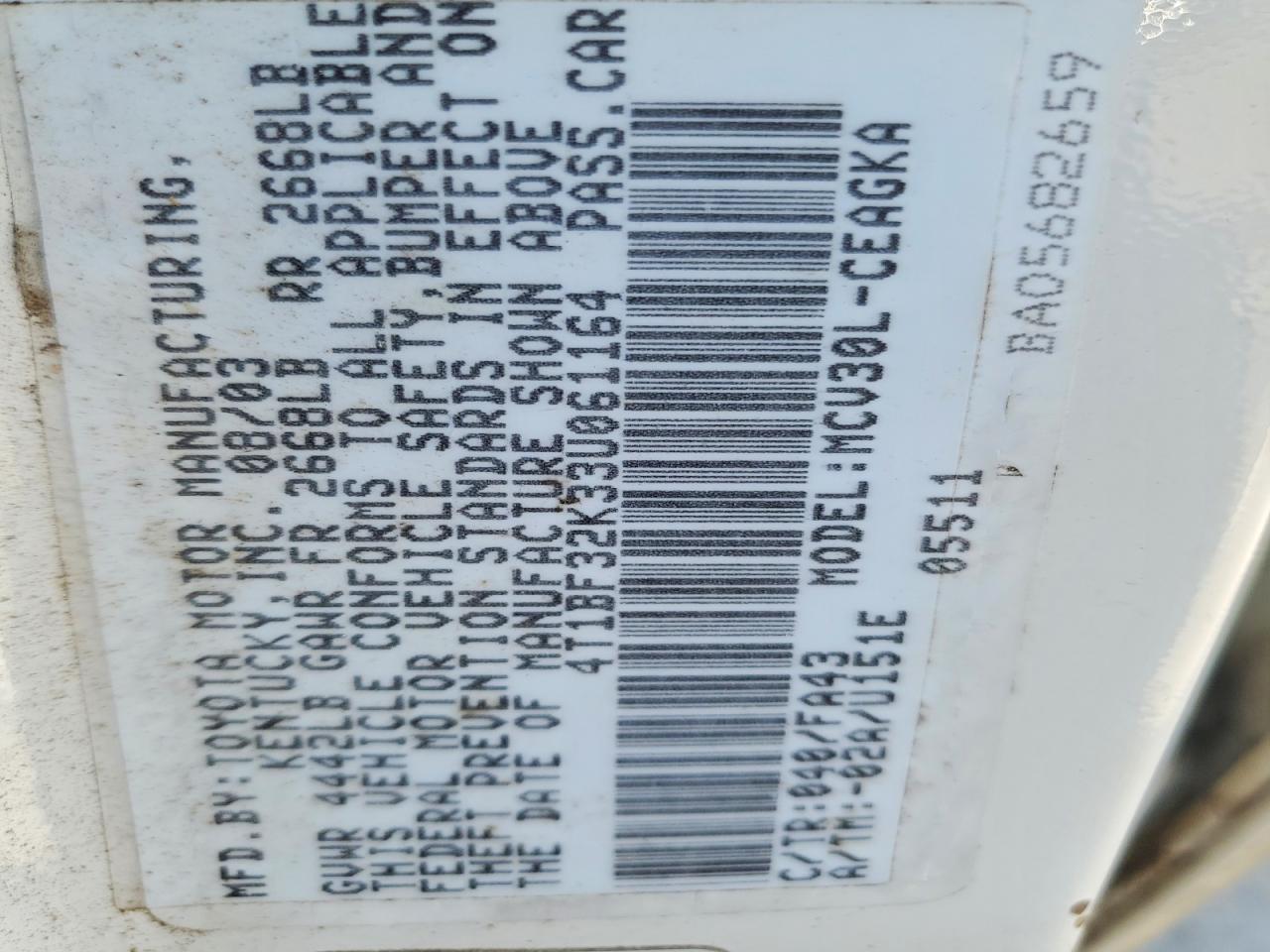 2003 TOYOTA CAMRY LE photo 12