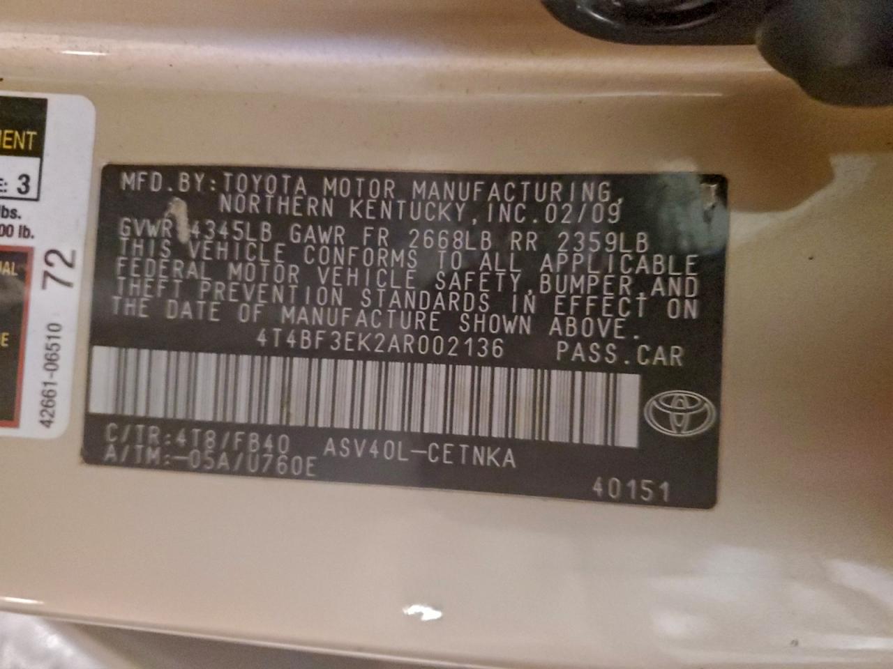 2010 TOYOTA CAMRY BASE photo 12