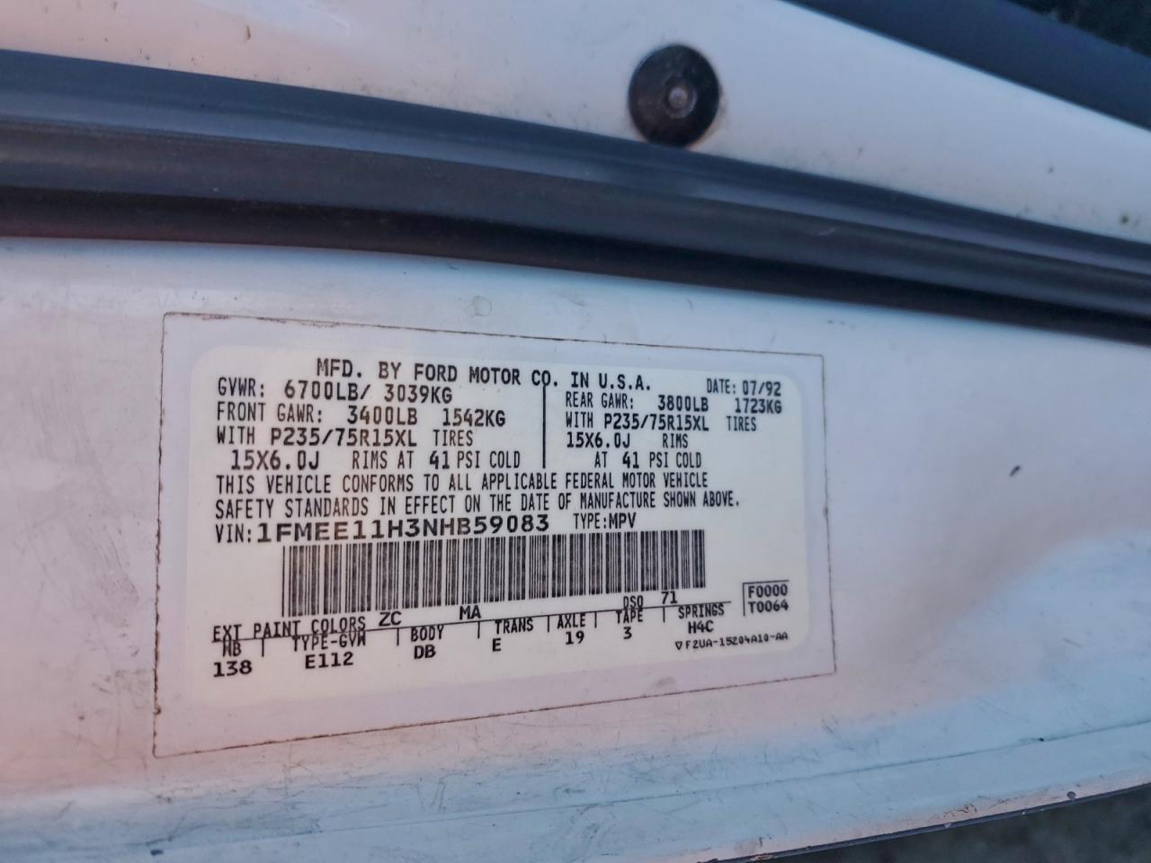 1992 FORD ECONOLINE E150 photo 13