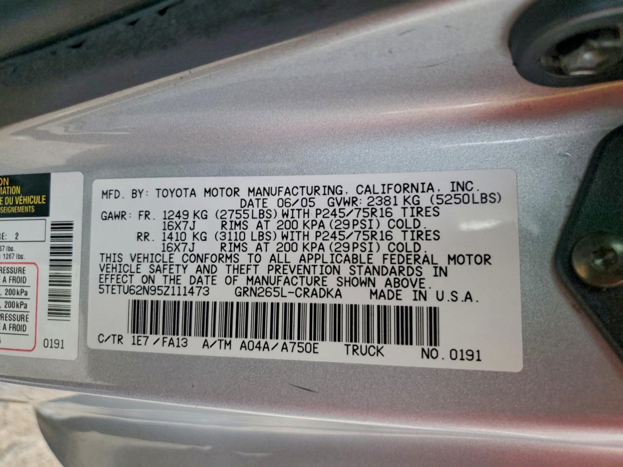 2005 TOYOTA TACOMA PRERUNNER ACCESS CAB photo 12