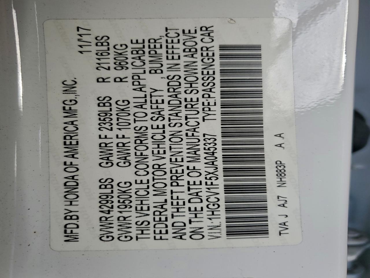2018 HONDA ACCORD EXL photo 12