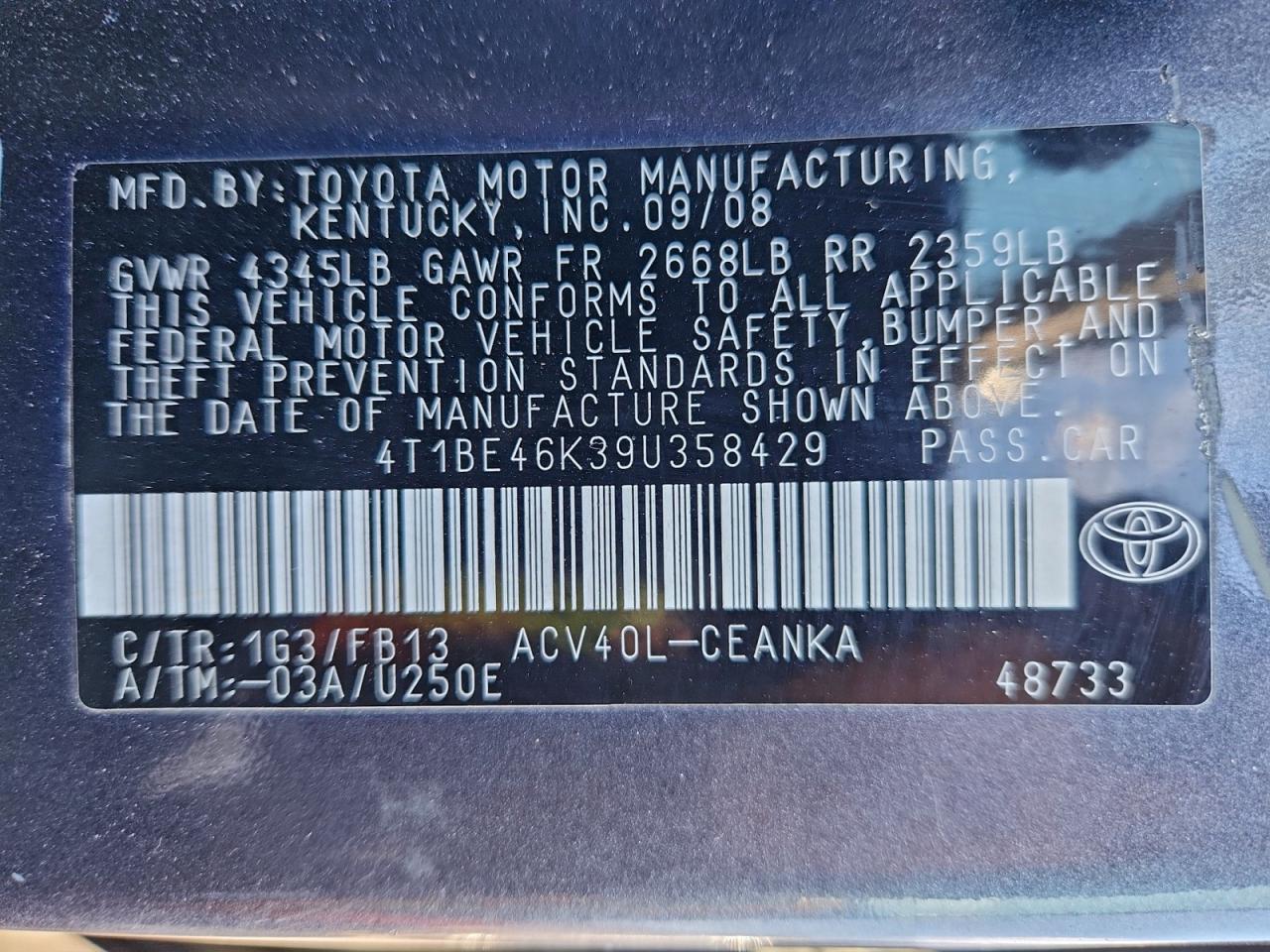 2009 TOYOTA CAMRY BASE photo 12
