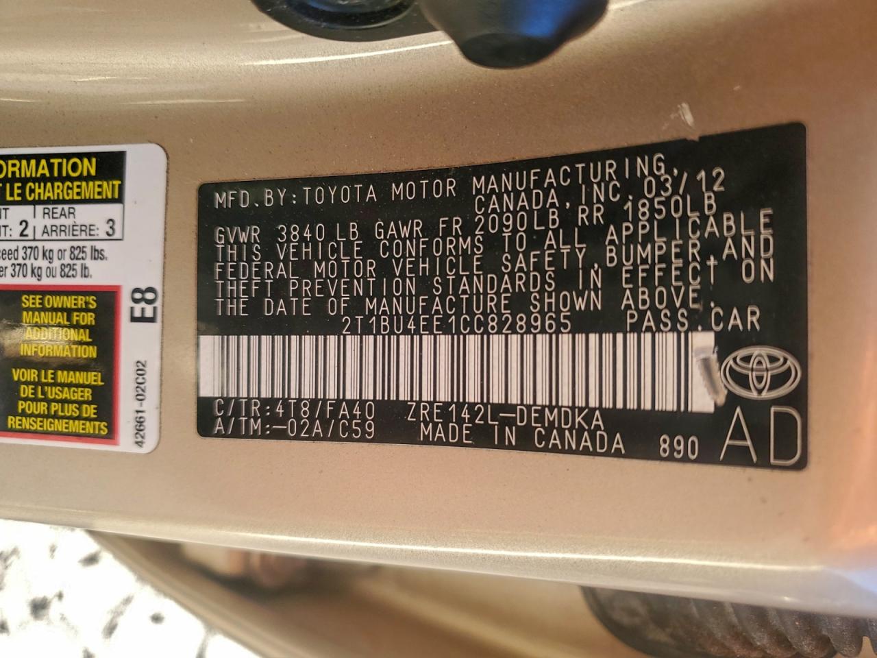 2012 TOYOTA COROLLA BASE photo 12