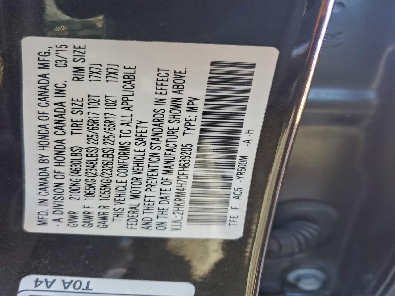 2015 HONDA CR-V EXL photo 12