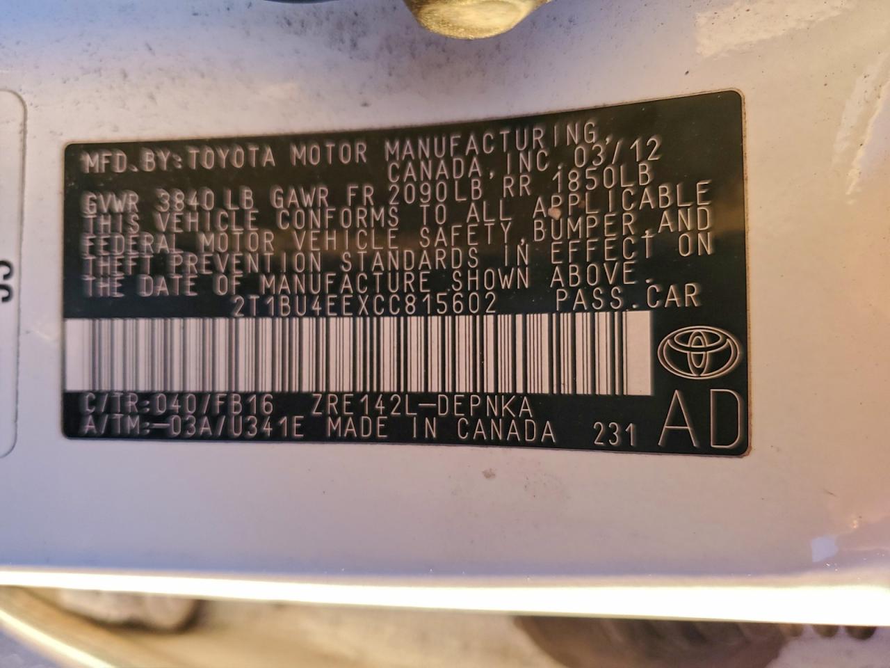 2012 TOYOTA COROLLA BASE photo 13