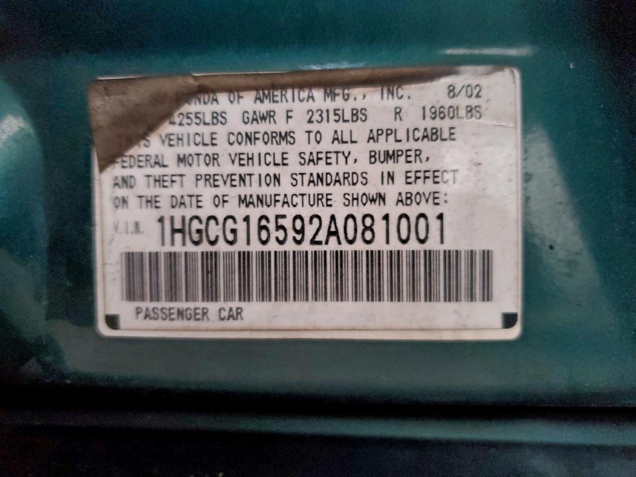 2002 HONDA ACCORD EX photo 13