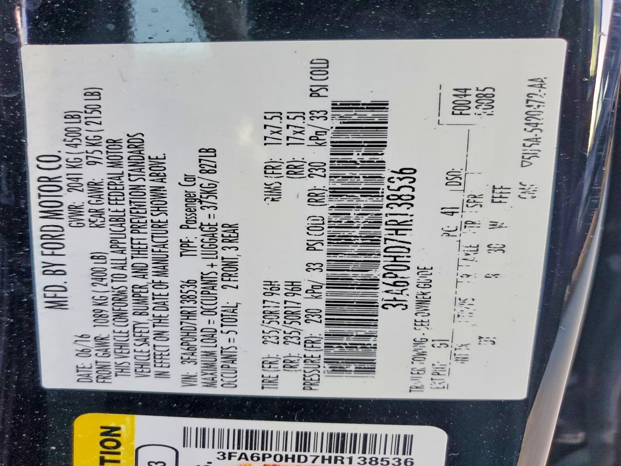 2017 FORD FUSION SE photo 13