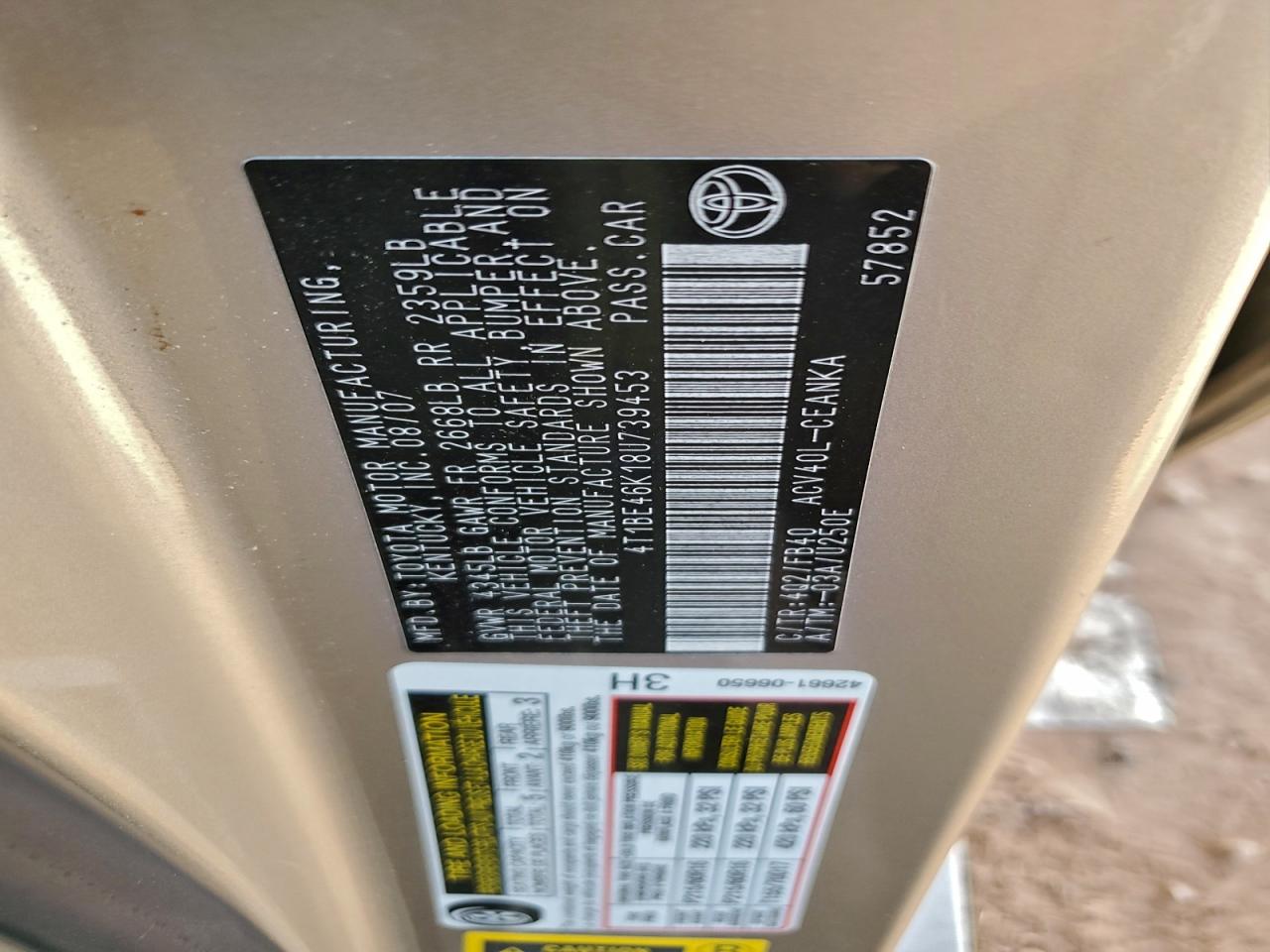 2008 TOYOTA CAMRY CE photo 12