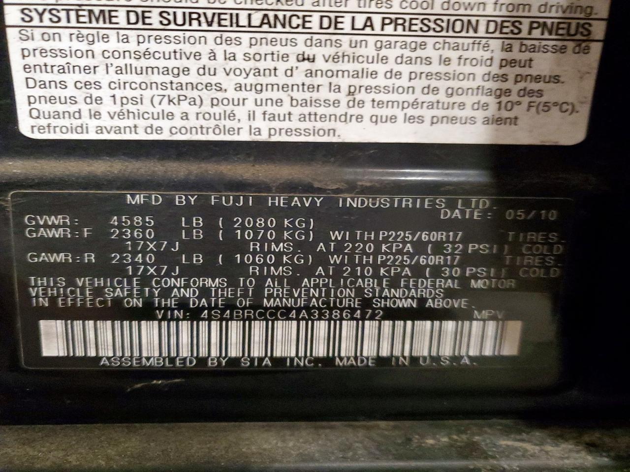 2010 SUBARU OUTBACK photo 12