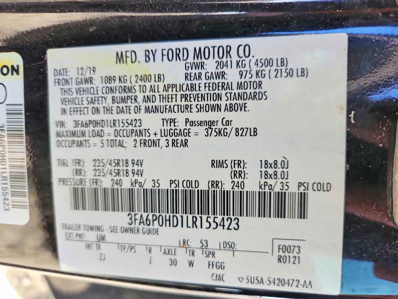 2020 FORD FUSION SE photo 12