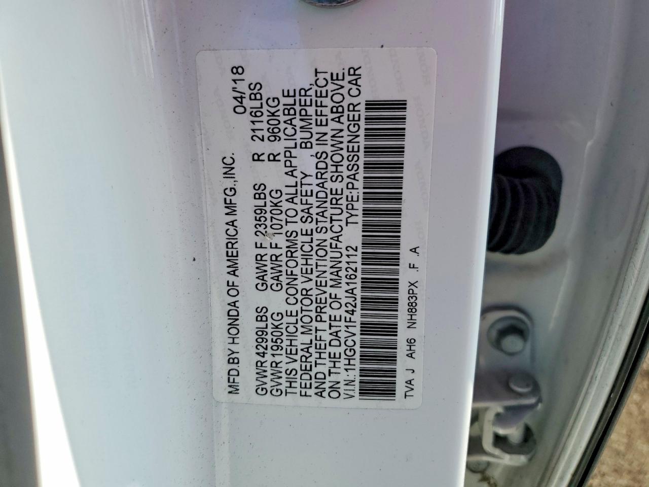 2018 HONDA ACCORD EX photo 12