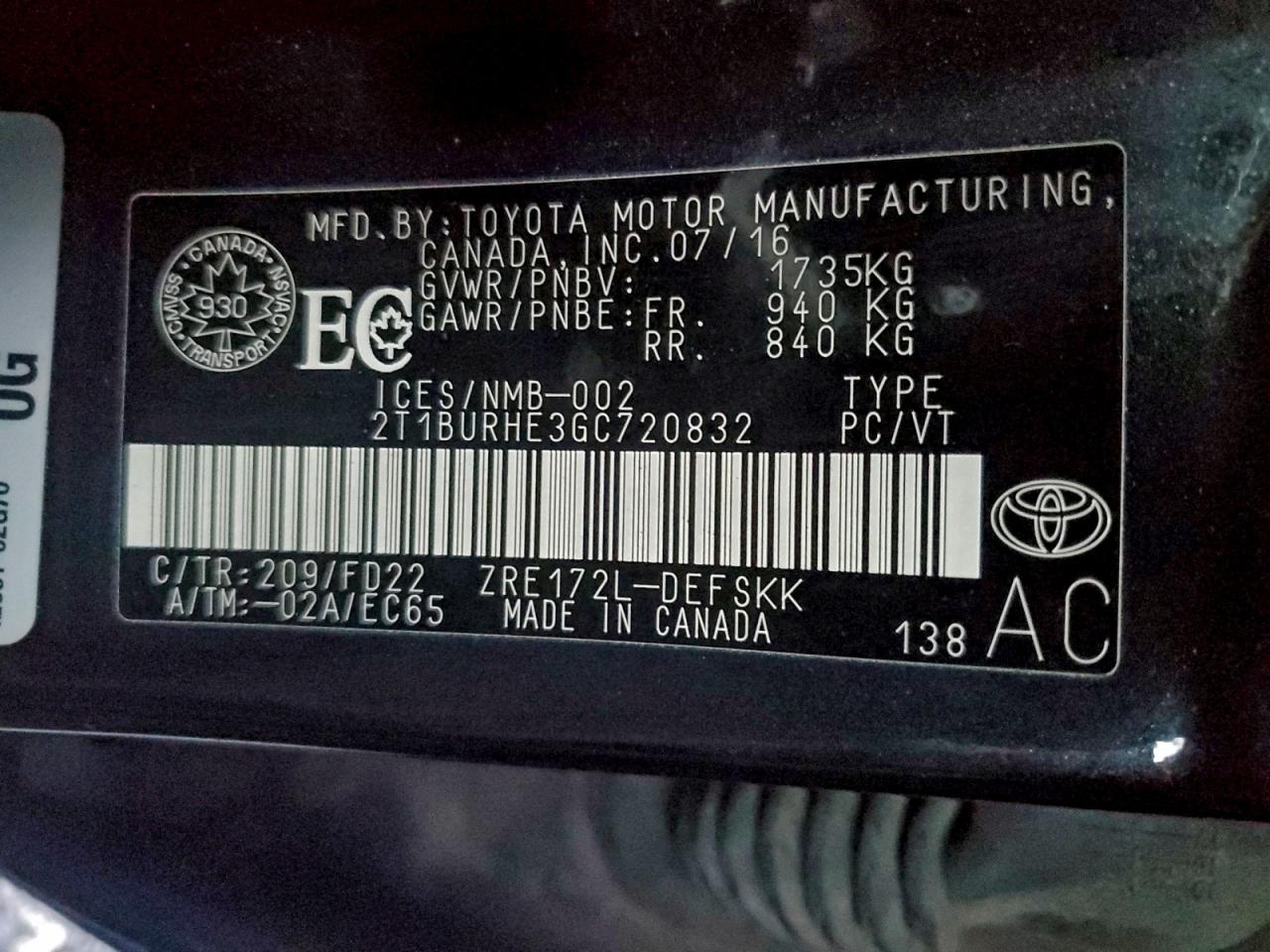 2016 TOYOTA COROLLA L photo 13