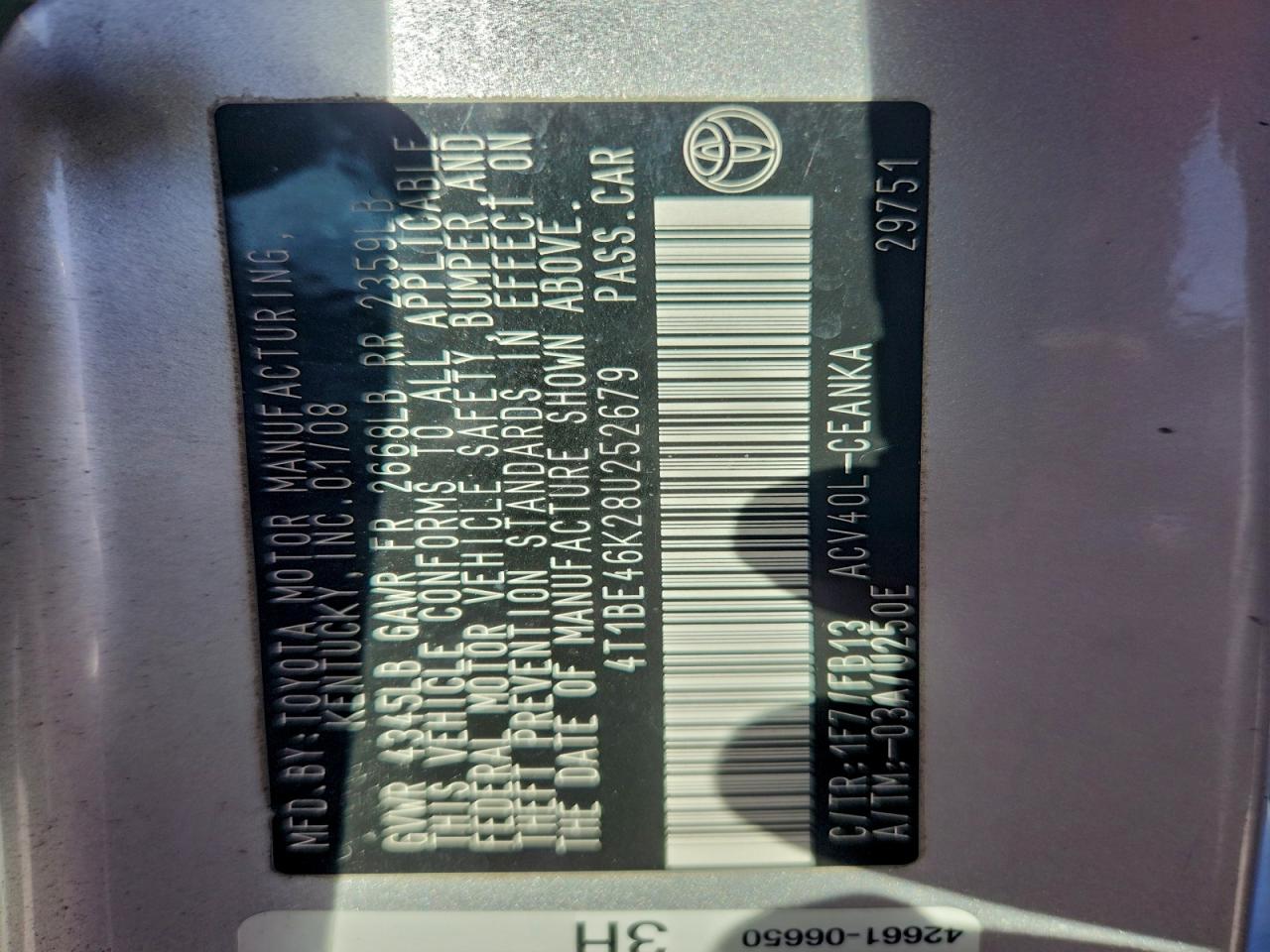 2008 TOYOTA CAMRY CE photo 12