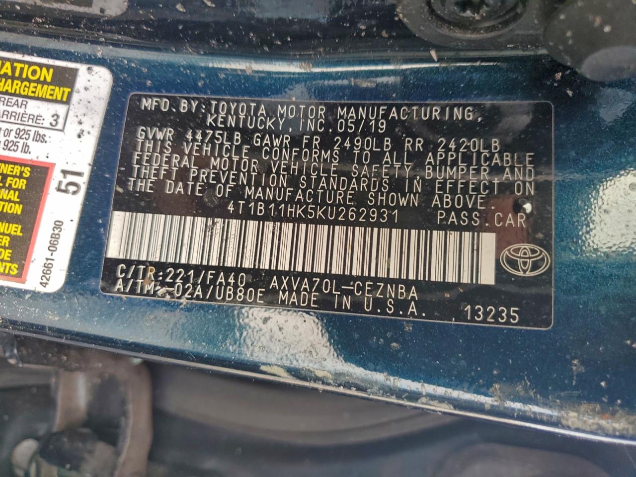 2019 TOYOTA CAMRY L photo 12