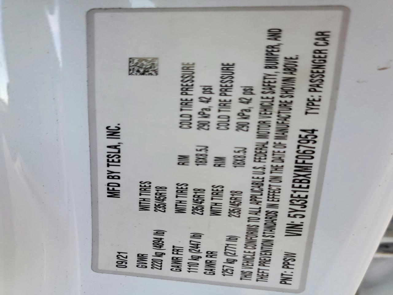 2021 TESLA MODEL 3 photo 12
