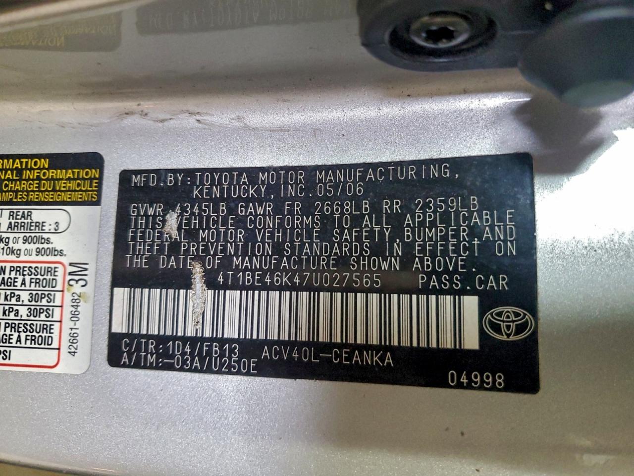 2007 TOYOTA CAMRY CE photo 12