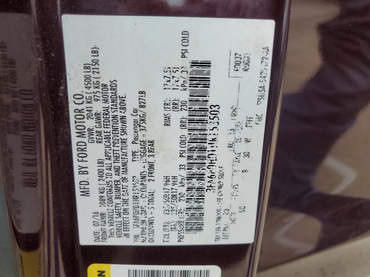 2017 FORD FUSION SE photo 12