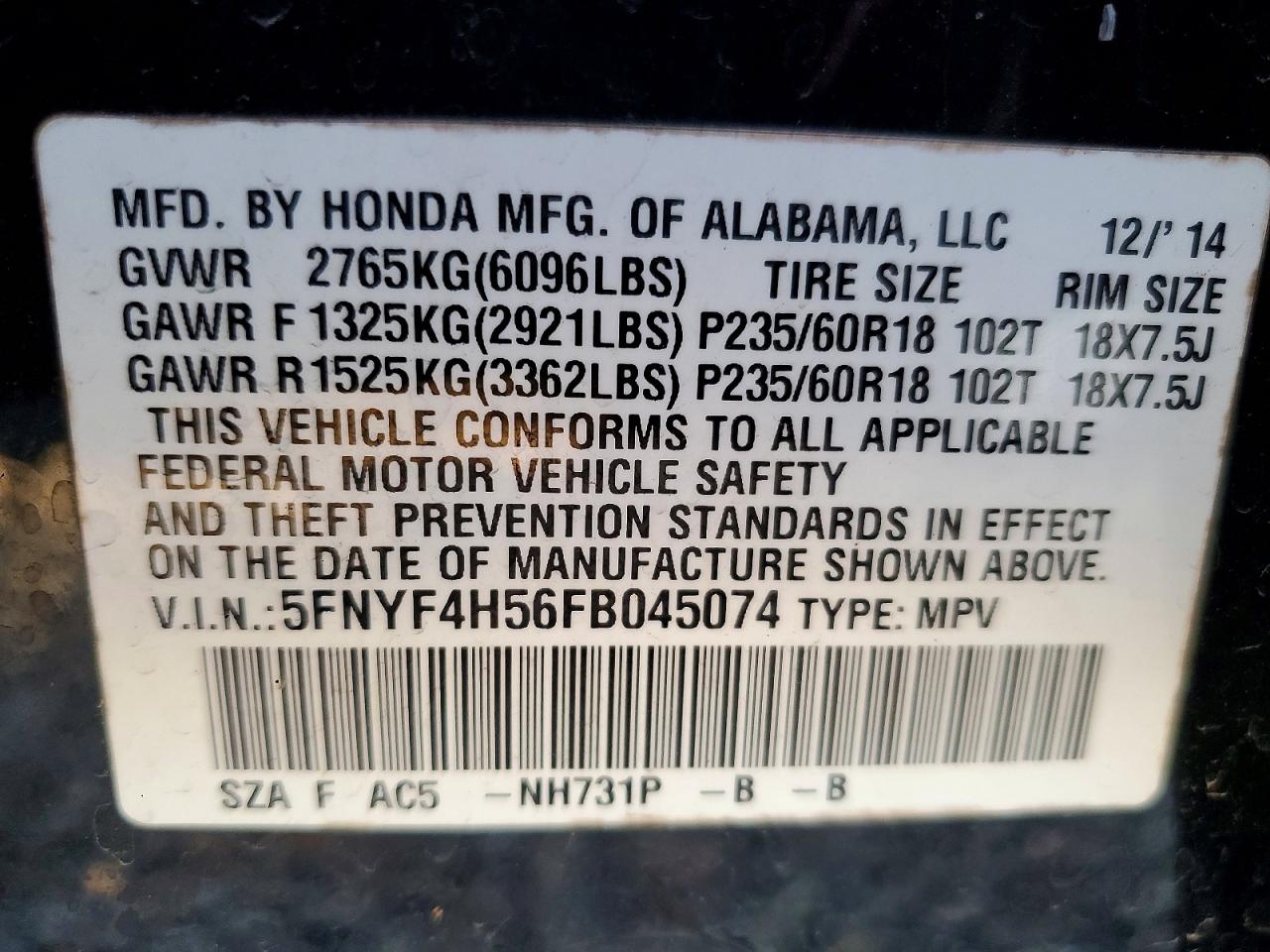 2015 HONDA PILOT EXL photo 13