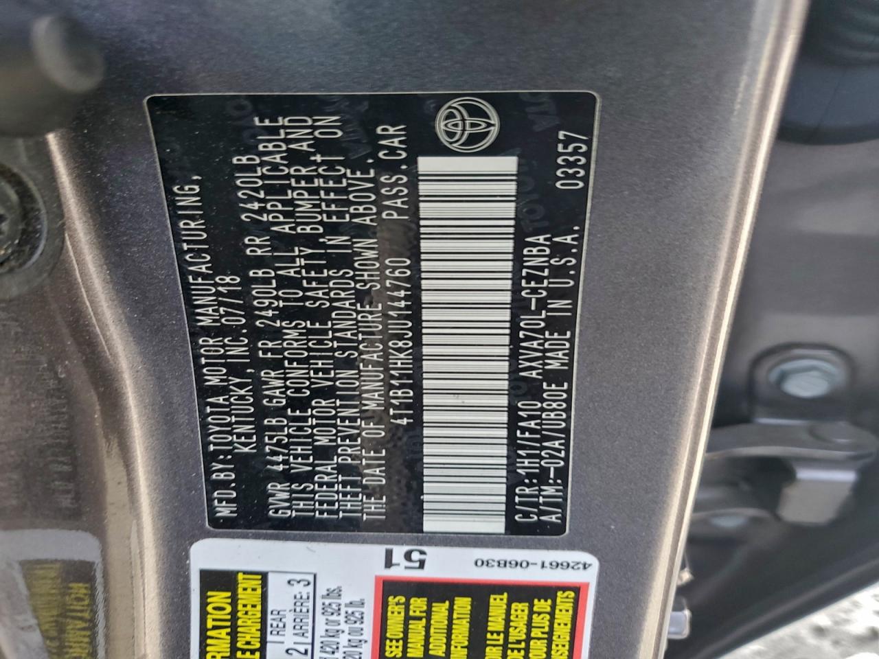 2018 TOYOTA CAMRY L photo 12