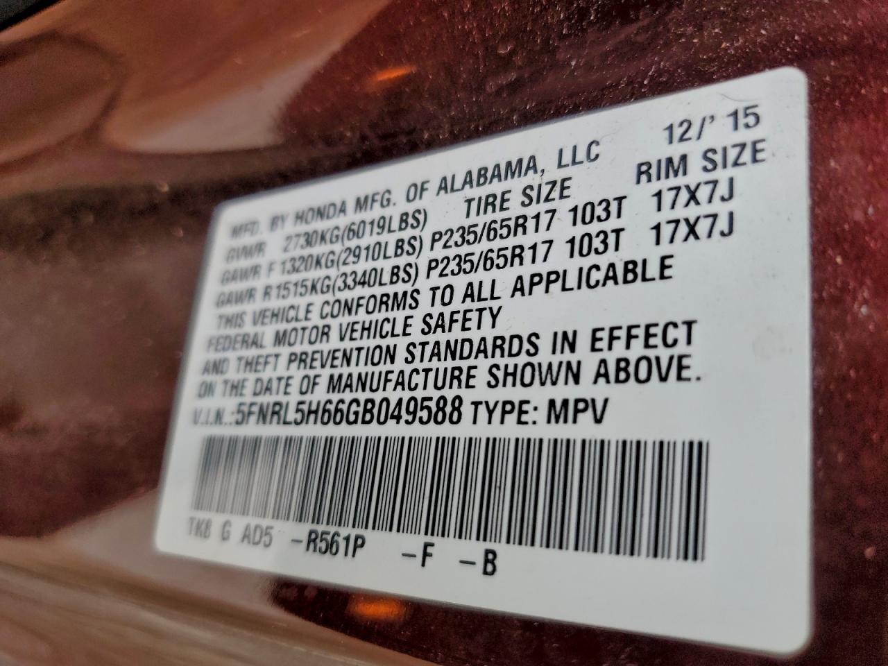 2016 HONDA ODYSSEY EXL photo 14