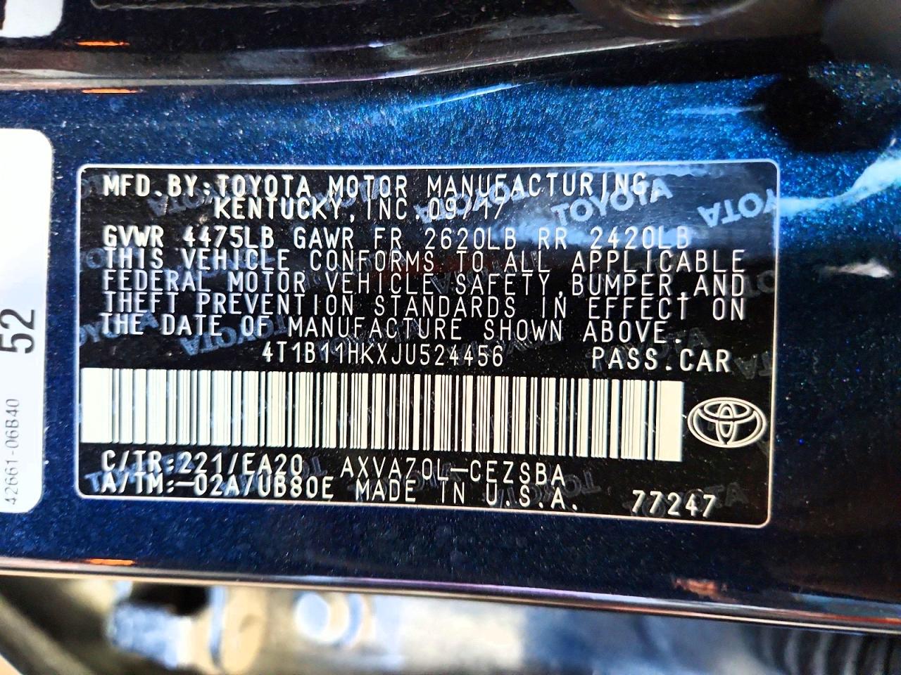 2018 TOYOTA CAMRY L photo 12