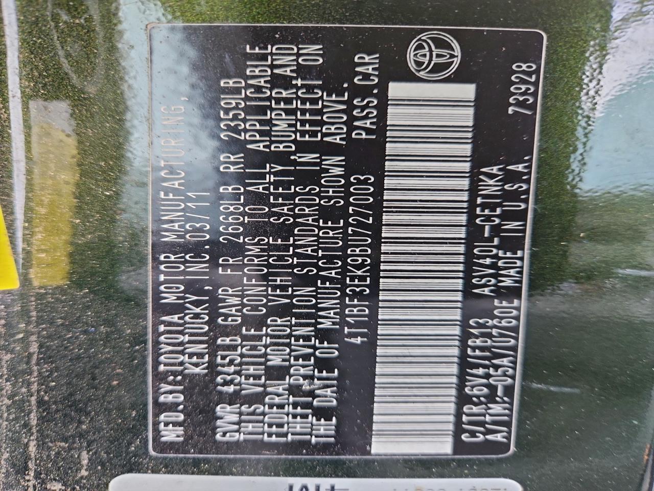 2011 TOYOTA CAMRY BASE photo 12