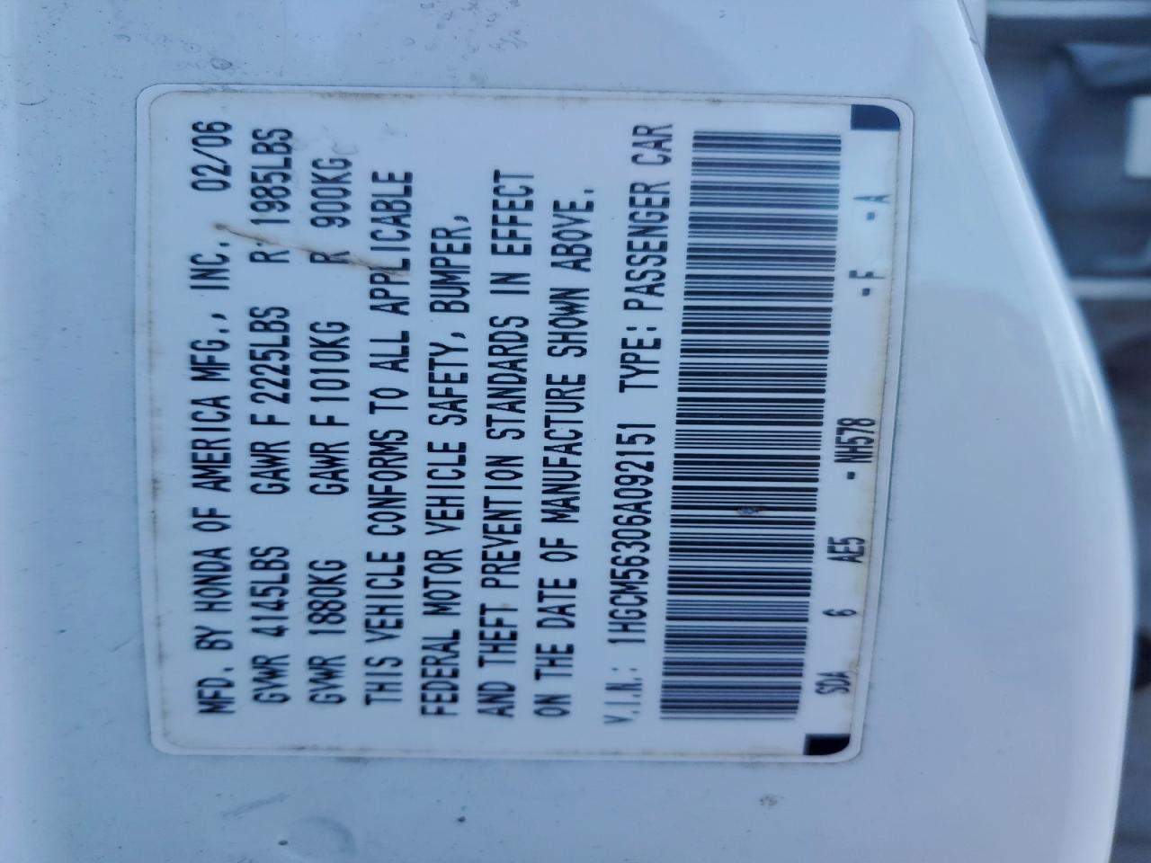 2006 HONDA ACCORD SE photo 12