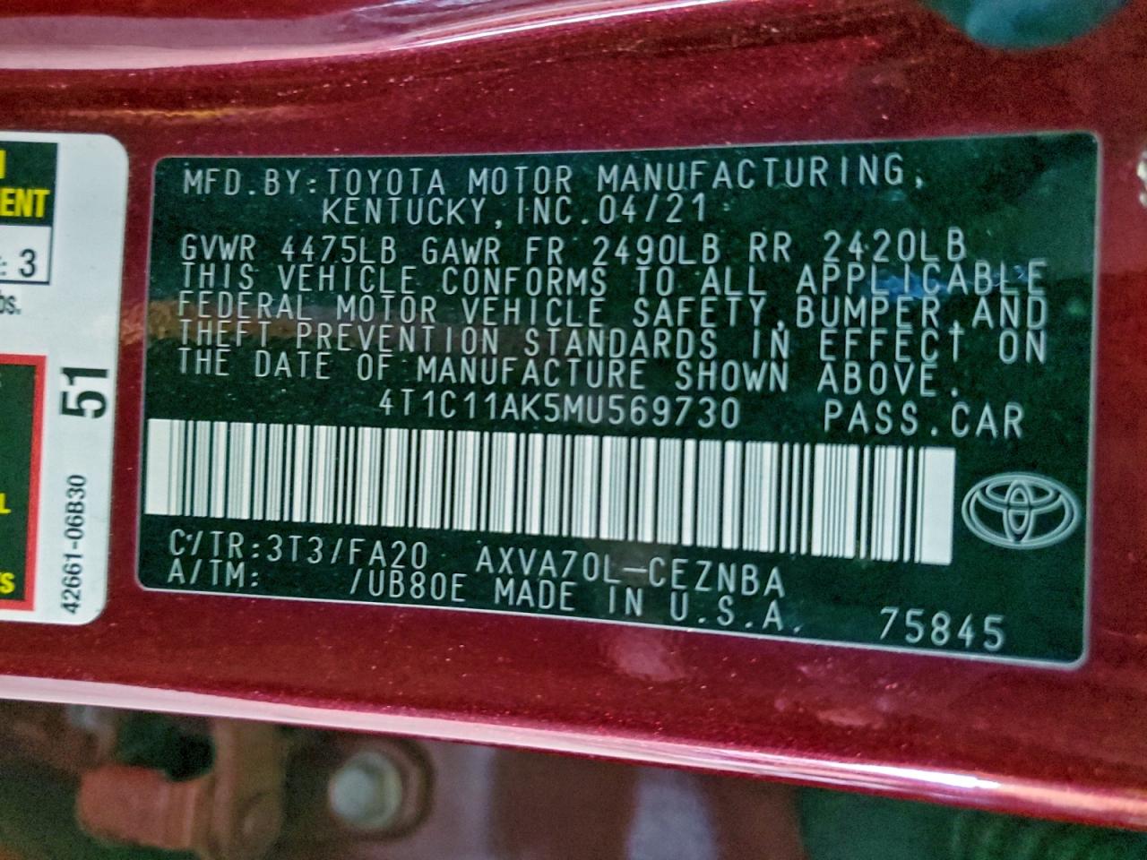 2021 TOYOTA CAMRY LE photo 12