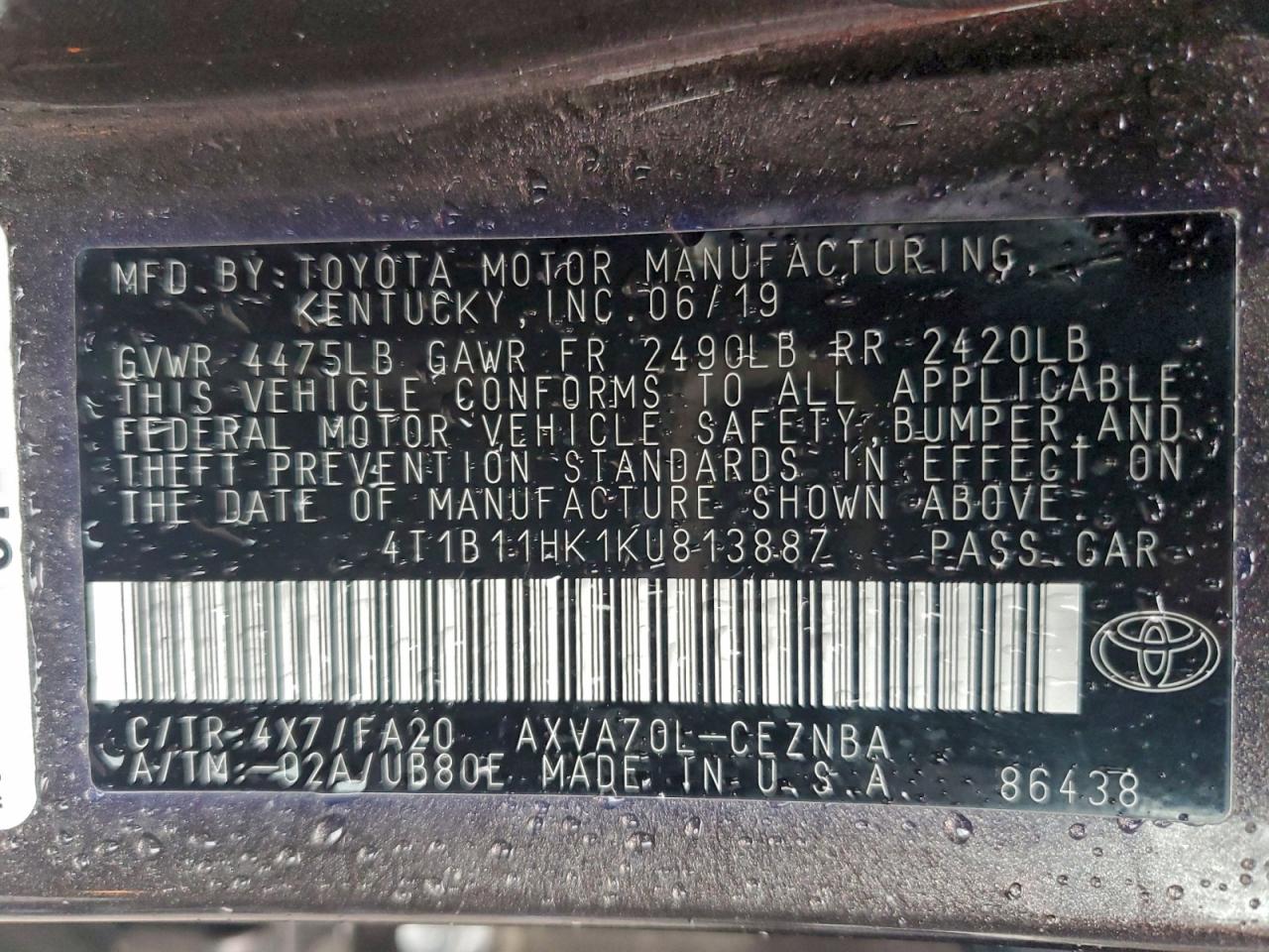 2019 TOYOTA CAMRY L photo 12
