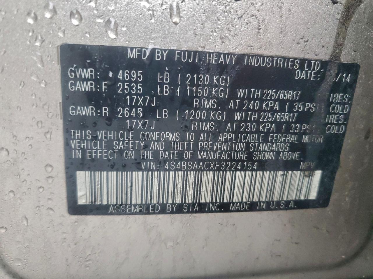 2015 SUBARU OUTBACK 2.5I photo 13