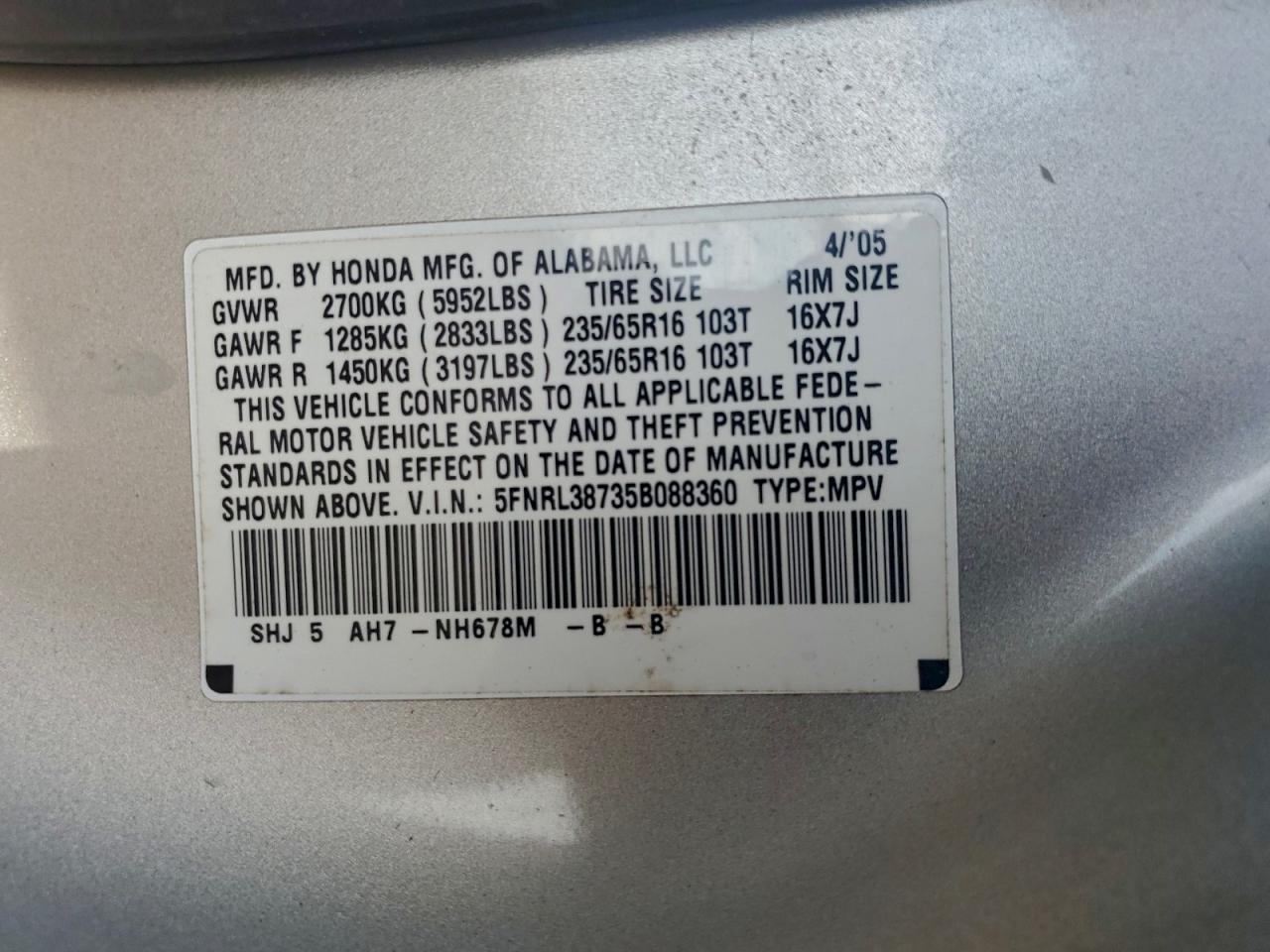 2005 HONDA ODYSSEY EXL photo 13