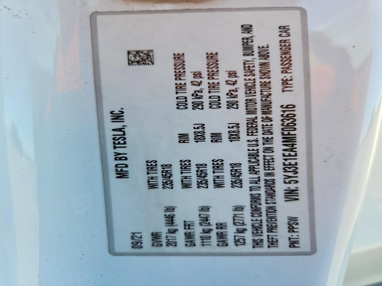 2021 TESLA MODEL 3 photo 12