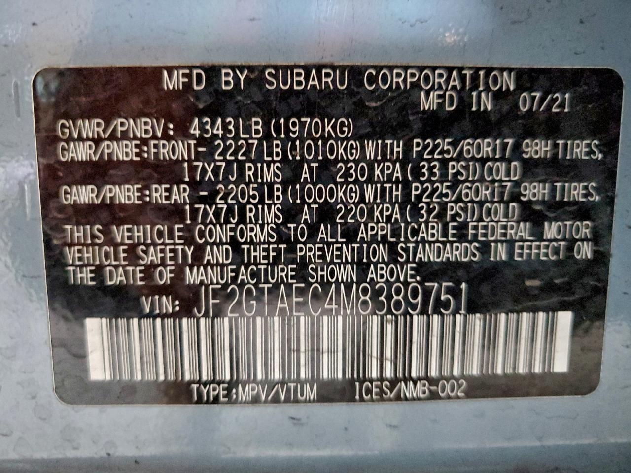 2021 SUBARU CROSSTREK PREMIUM photo 12