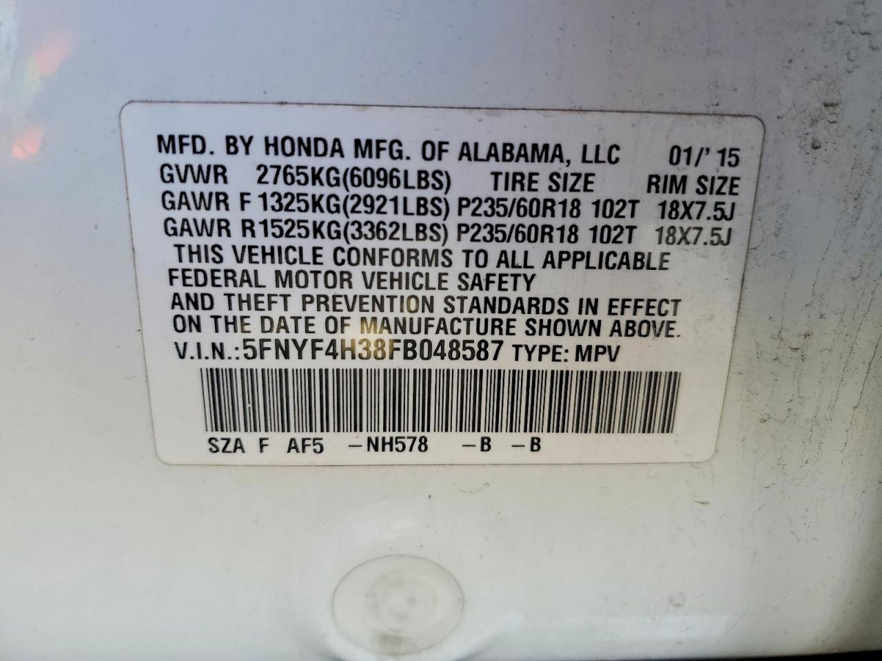 2015 HONDA PILOT SE photo 13