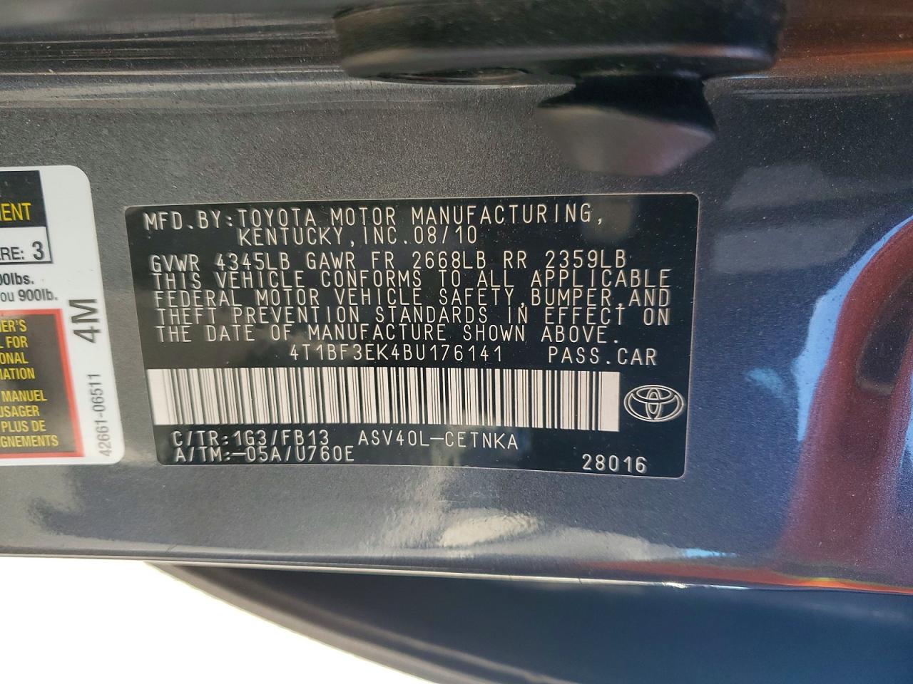 2011 TOYOTA CAMRY BASE photo 12