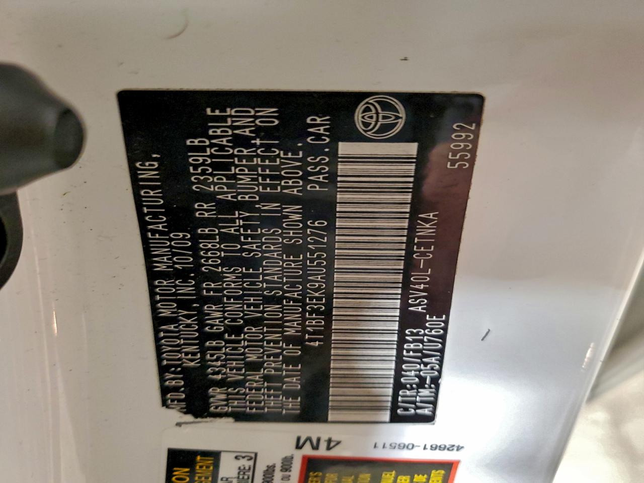 2010 TOYOTA CAMRY BASE photo 12