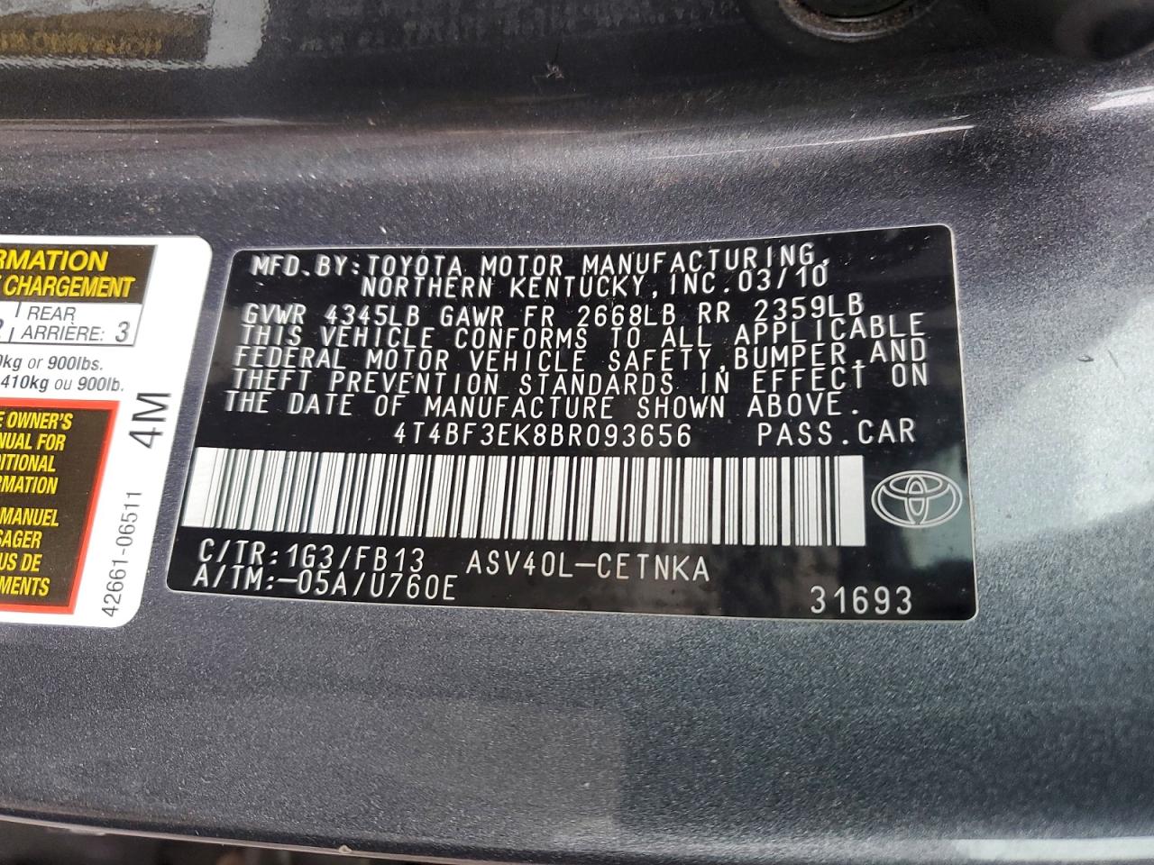 2011 TOYOTA CAMRY BASE photo 12