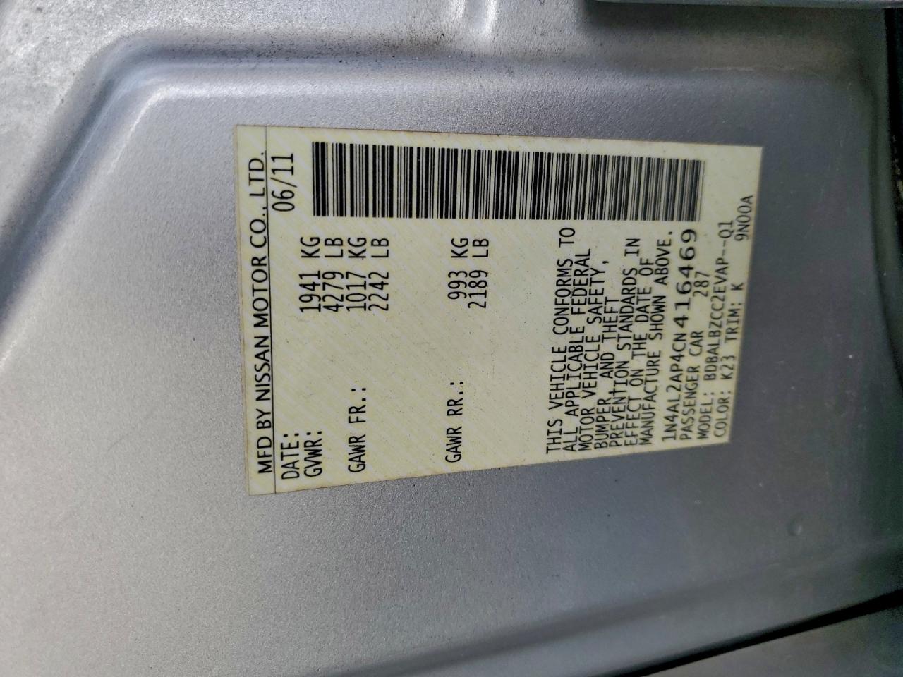 2012 NISSAN ALTIMA BASE photo 12