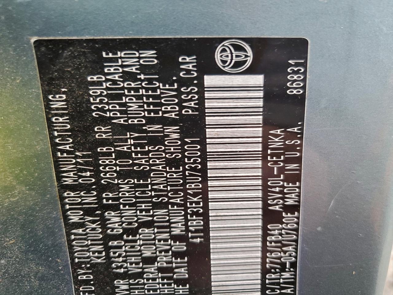 2011 TOYOTA CAMRY BASE photo 12