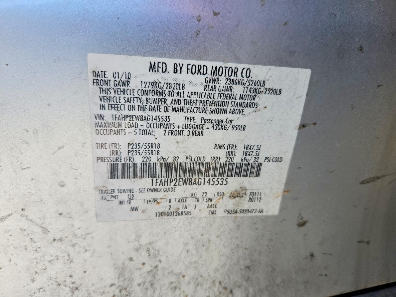 2010 FORD TAURUS SEL photo 12