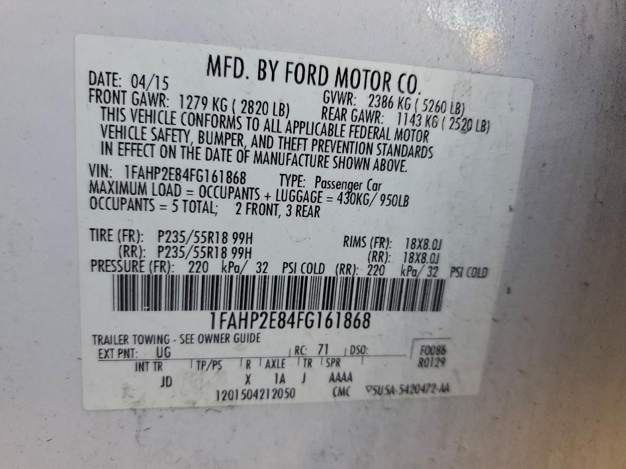 2015 FORD TAURUS SEL photo 12