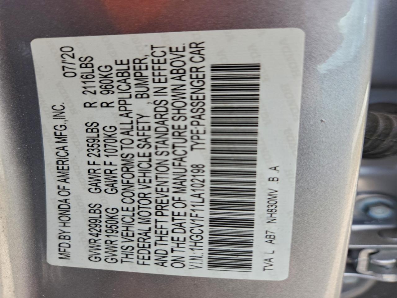 2020 HONDA ACCORD LX photo 12