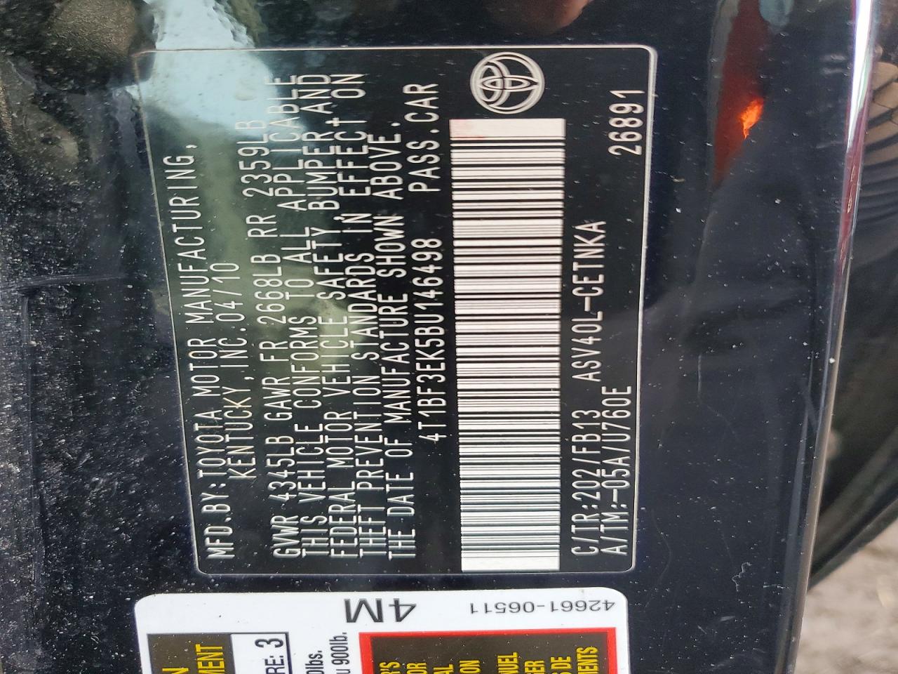2011 TOYOTA CAMRY BASE photo 12