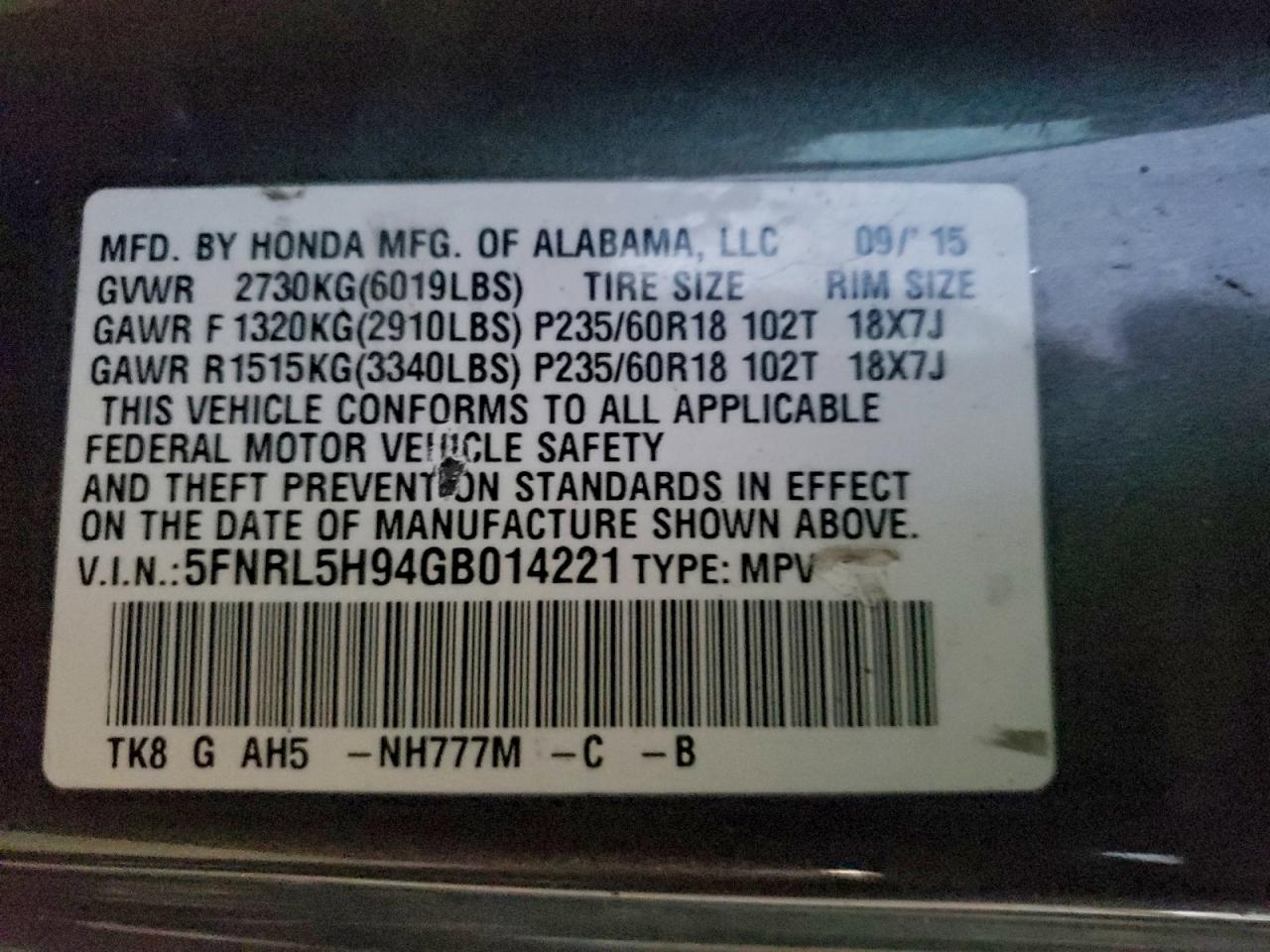 2016 HONDA ODYSSEY TOURING photo 14
