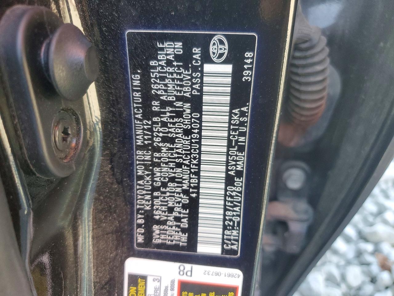 2012 TOYOTA CAMRY BASE photo 12