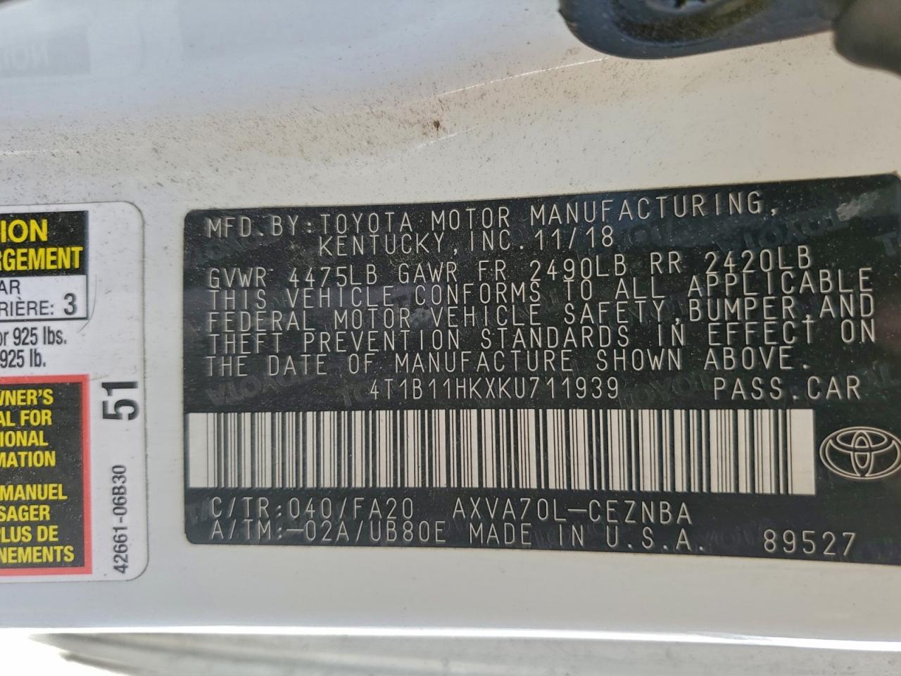 2019 TOYOTA CAMRY L photo 12