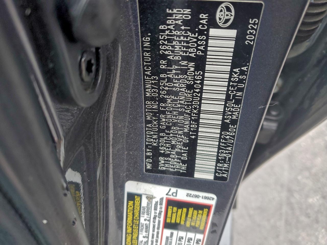 2013 TOYOTA CAMRY L photo 12