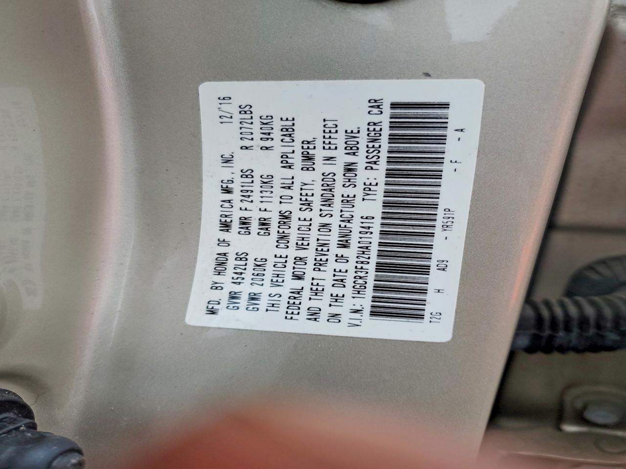 2017 HONDA ACCORD EXL photo 12