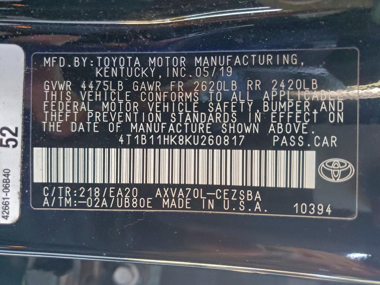 2019 TOYOTA CAMRY L photo 12